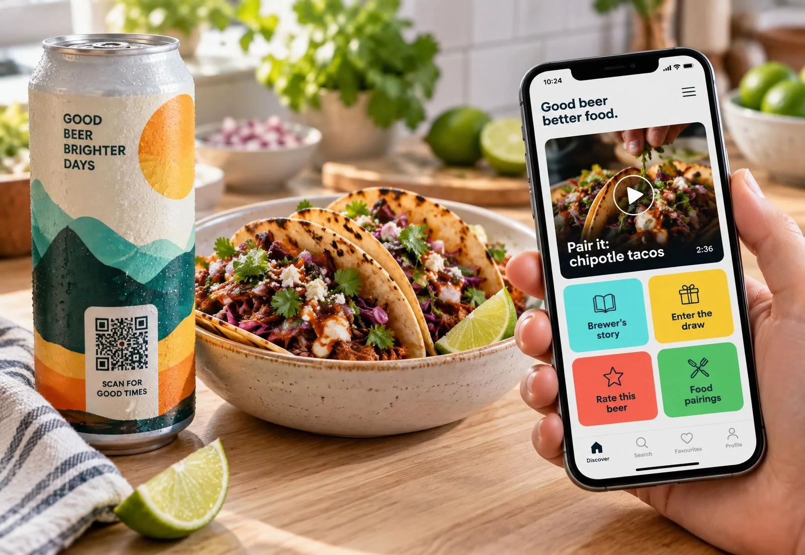 Food product being scanned with a phone showing a portal of customer actions