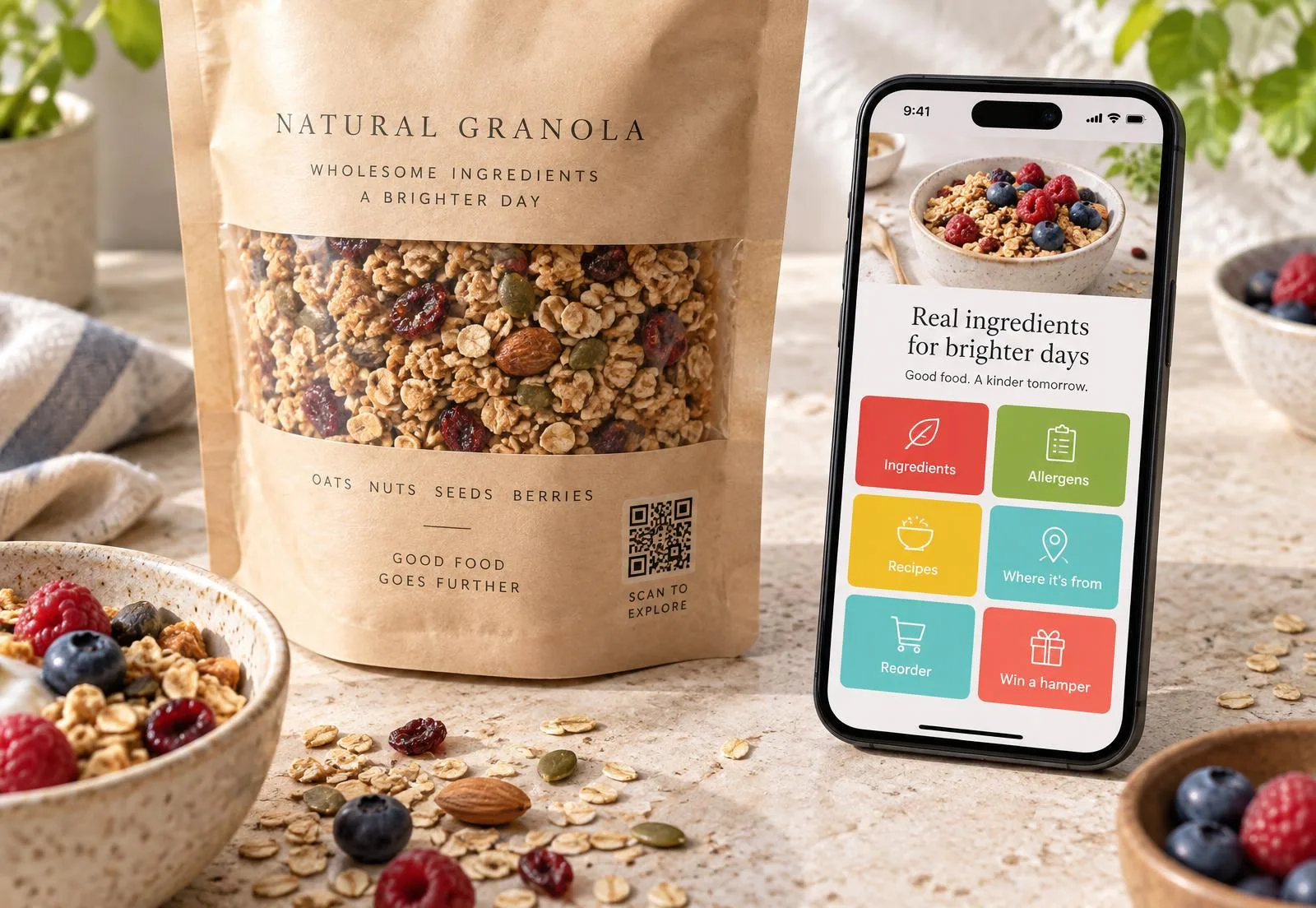 Food jar with a connected QR code beside its mobile product experience
