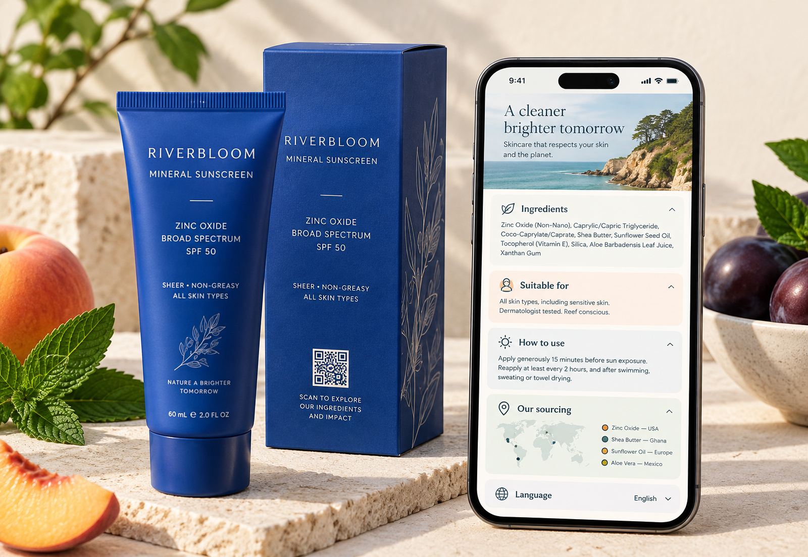 Blue mineral sunscreen and QR-enabled carton beside a phone showing ingredients, suitability, usage, sourcing and language information