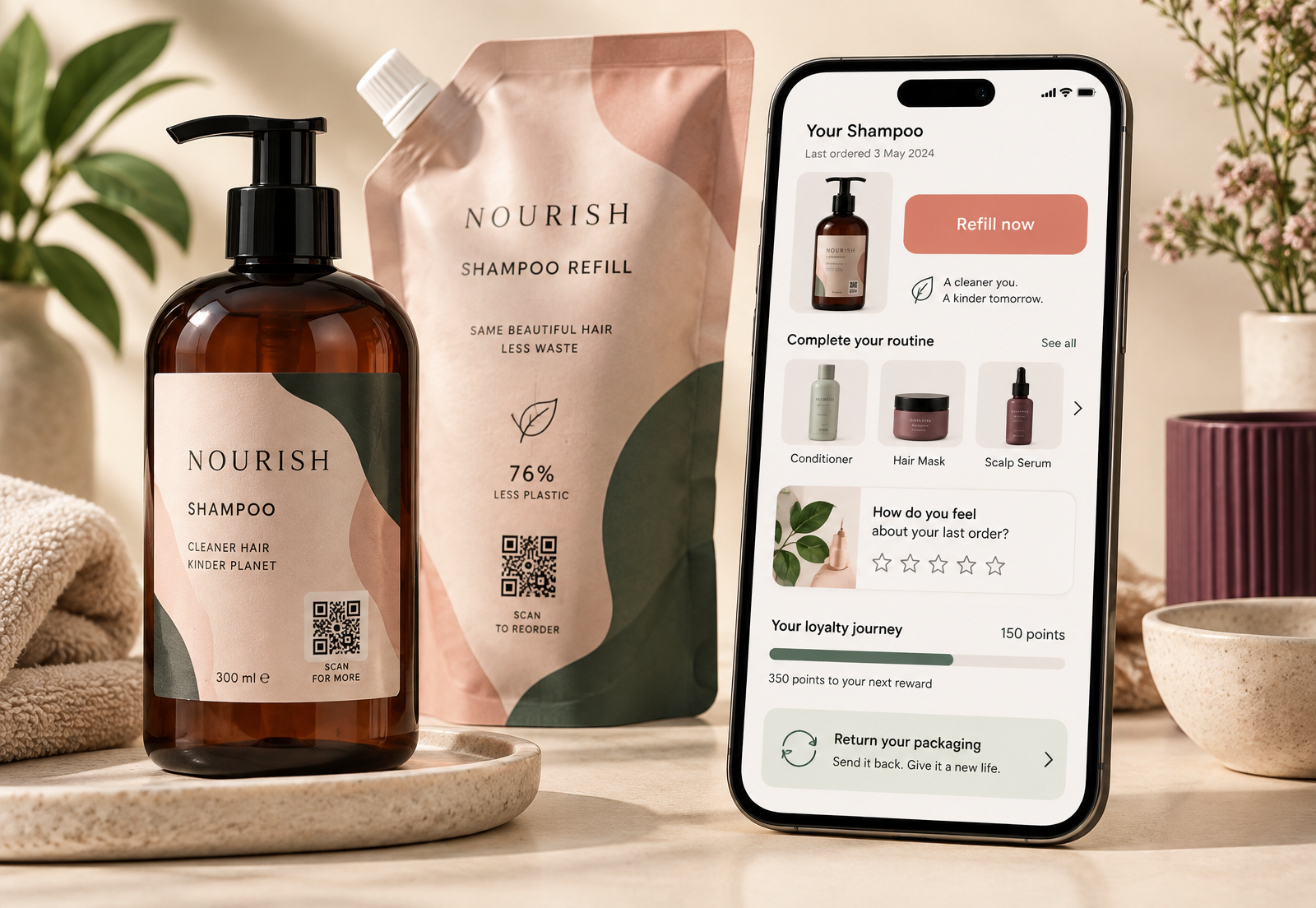 Amber shampoo bottle and refill pouch beside a phone showing refill, related-product, feedback, loyalty and packaging-return options