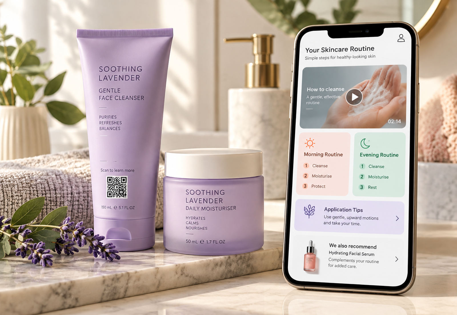 Lavender cleanser and moisturiser beside a phone showing a tutorial and guided morning and evening skincare routines