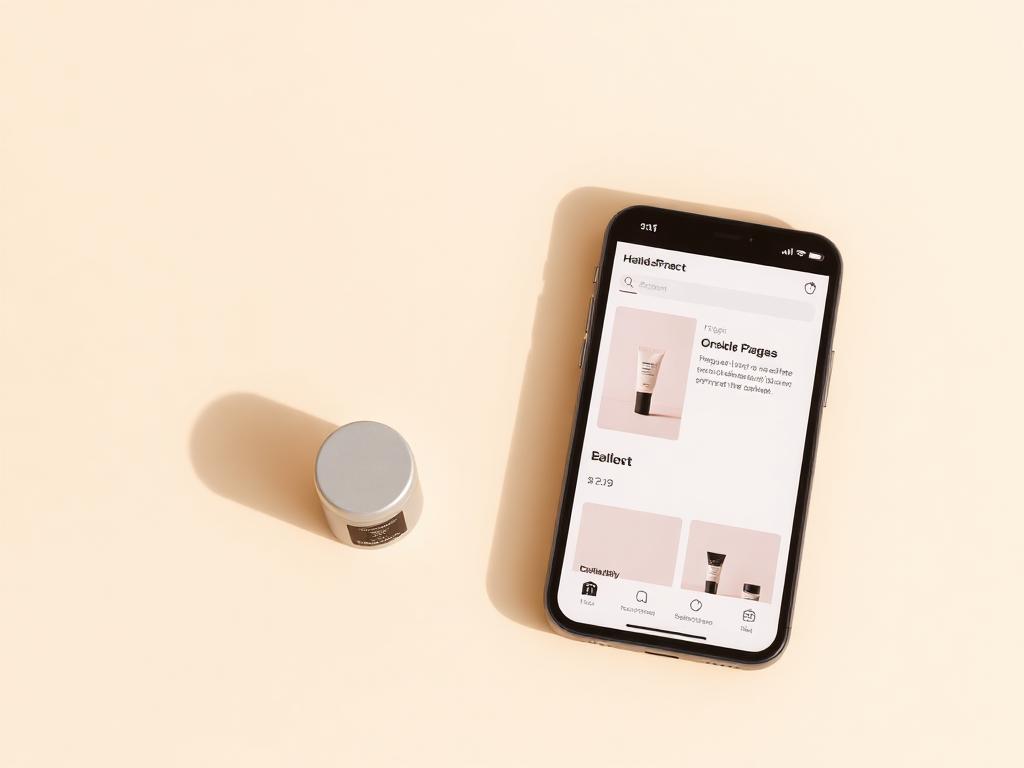 Smartphone showing a connected product Hub page next to a small consumer product on a warm studio surface