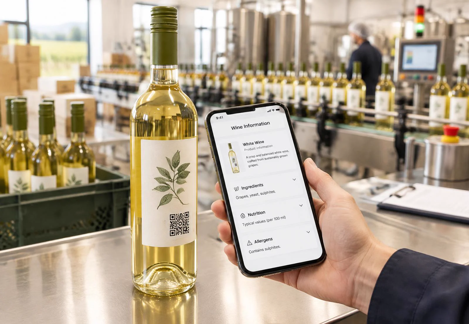 White wine bottle being scanned on a bottling line with ingredients, nutrition and allergen sections visible on a phone