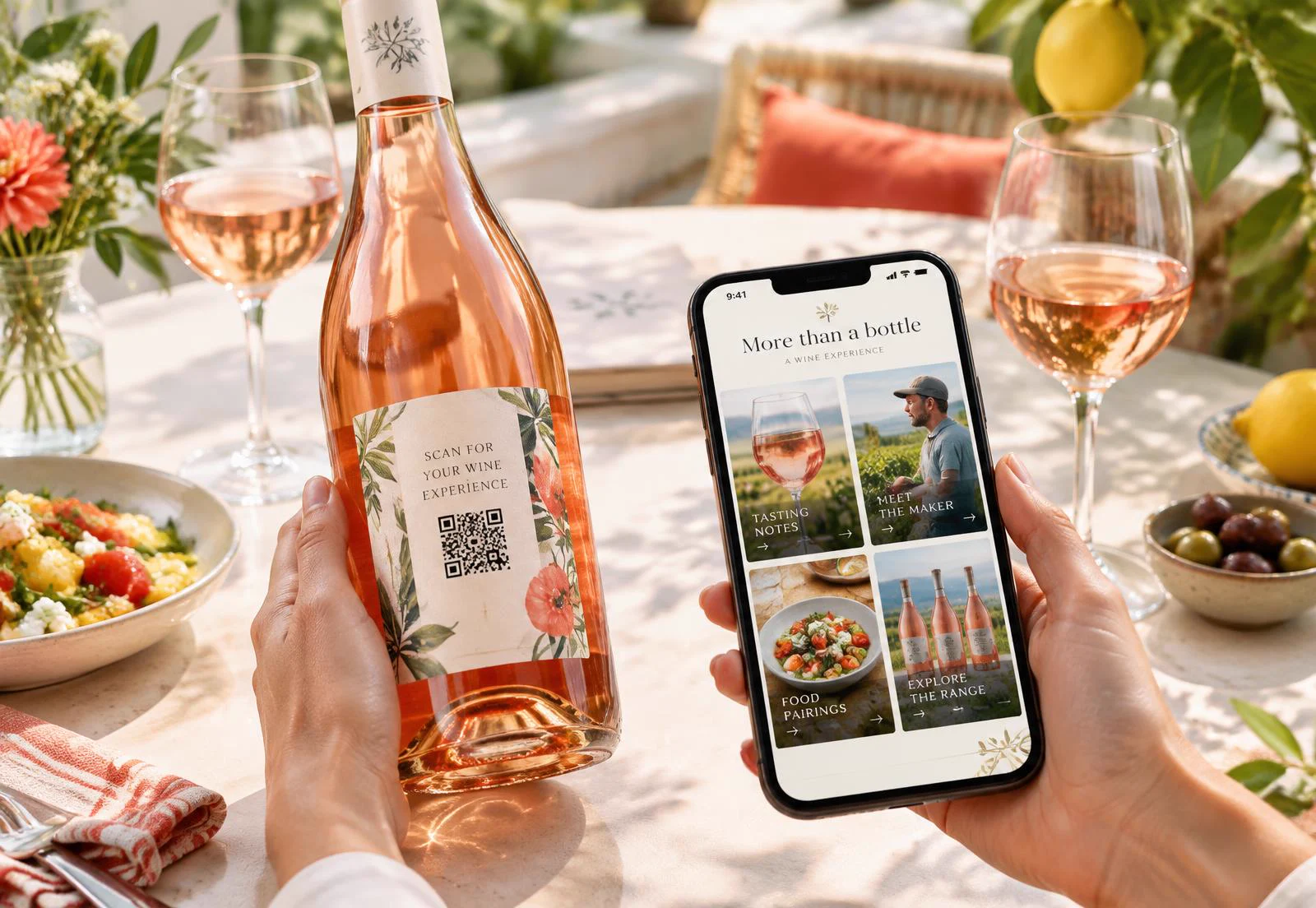 Rosé bottle being scanned at a restaurant table while a phone shows tasting notes, the maker, food pairings and the range