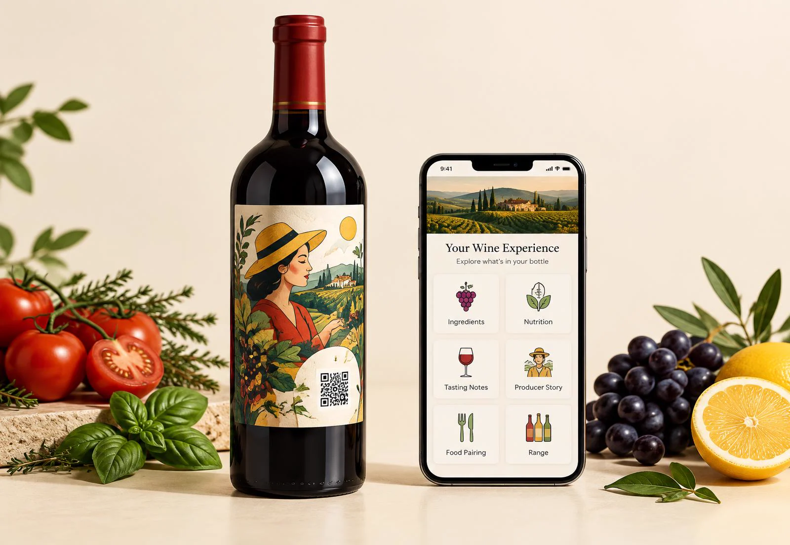 Illustrated red wine bottle with a QR code beside a phone showing a six-part wine product portal
