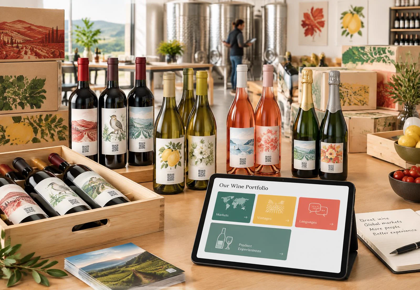 A varied wine portfolio with QR-labelled bottles, shipping cases and a tablet showing markets, vintages and languages