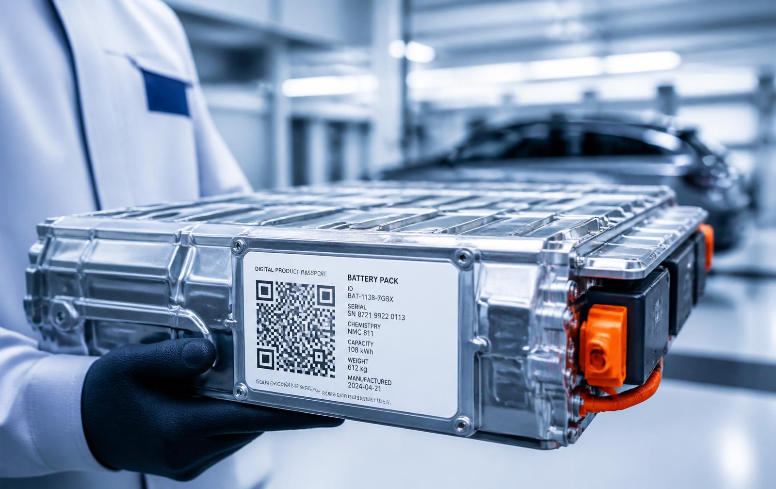 EV battery pack with a printed Article 13 label and a smartphone displaying the Battery Passport
