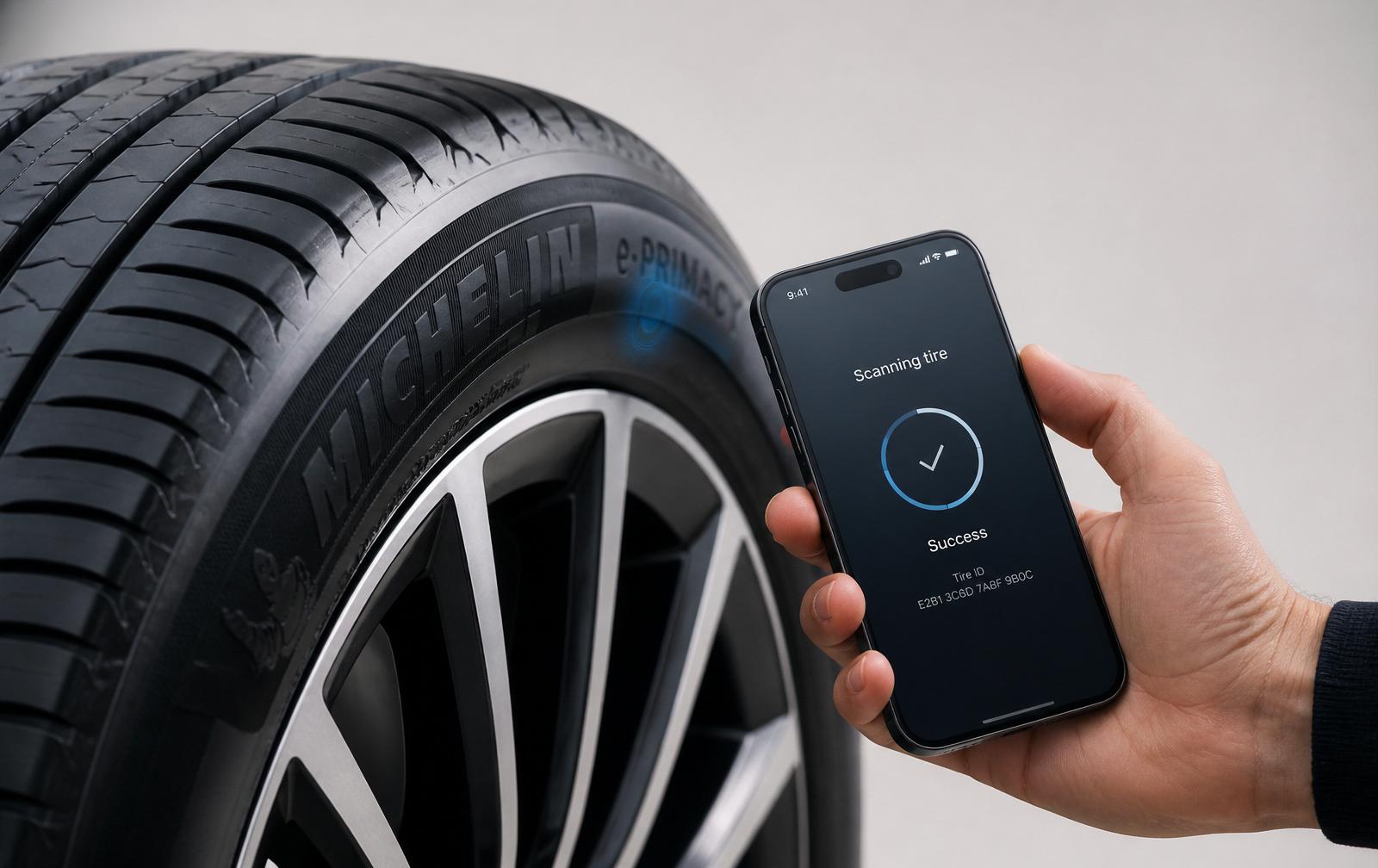 Tyre with an embedded-tag callout and a smartphone tapping the sidewall