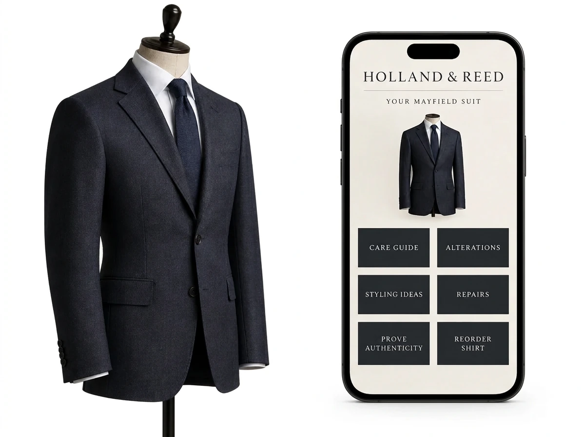 Tailored navy suit beside a Holland & Reed owner's portal with care, alterations and styling