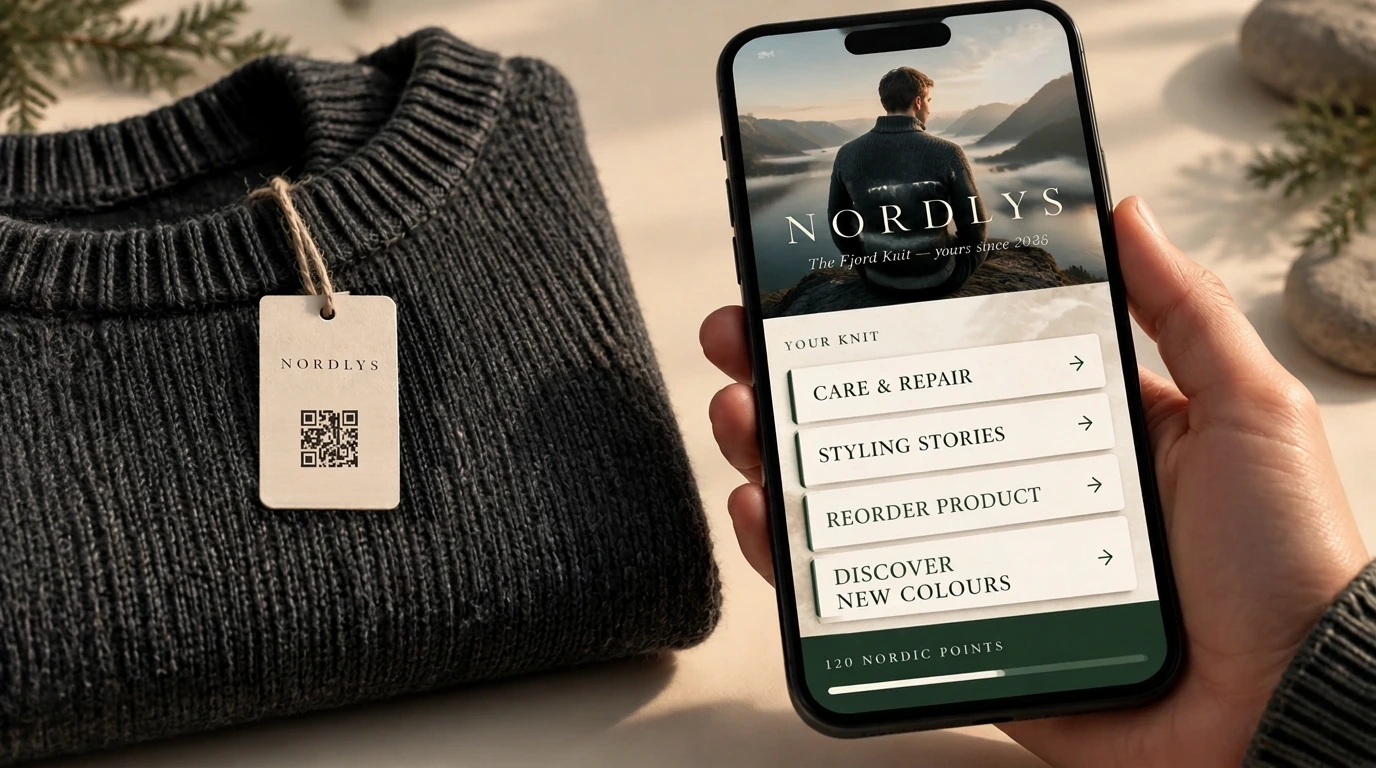 Hand holding a phone showing the Nordlys portal beside a sweater with a QR hang tag