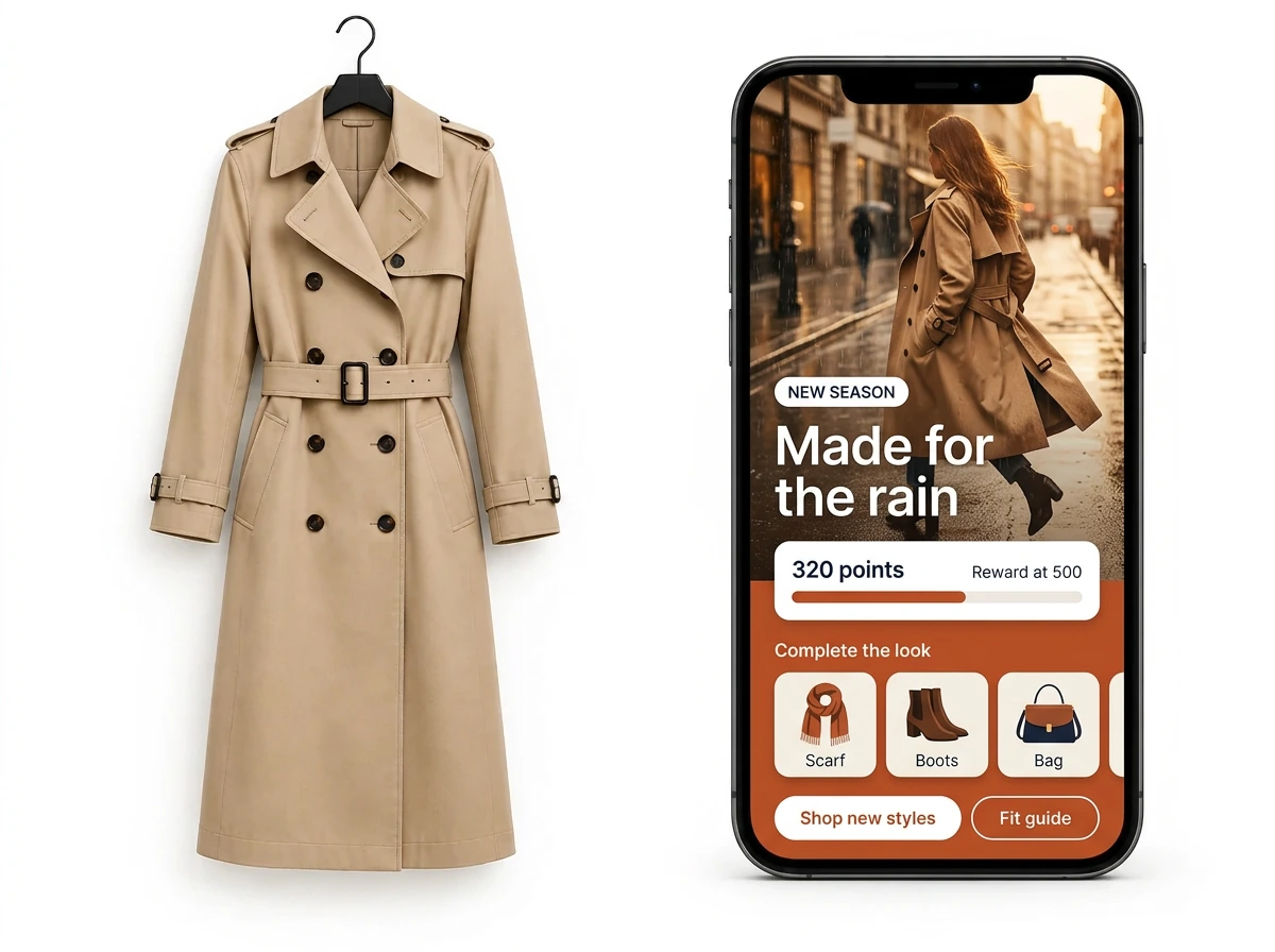Camel trench coat on a hanger beside a phone showing the City Trench portal with a rainy-street campaign, loyalty points, complete-the-look picks and shop and fit guide buttons