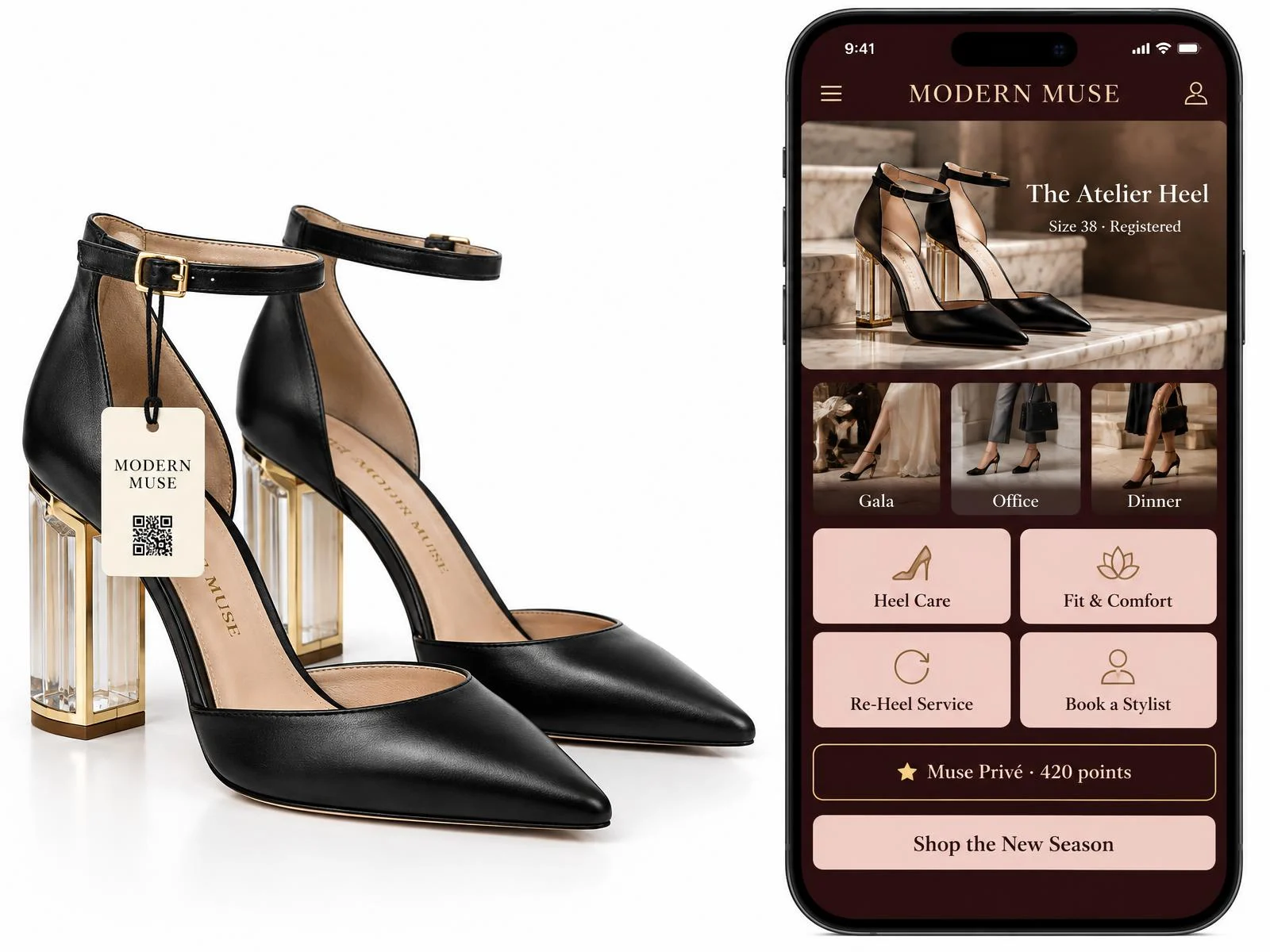 Black ankle-strap heels with lucite gold heels beside a Modern Muse portal titled The Atelier Heel with looks, heel care, fit, re-heel service, stylist booking, Muse Privé points and new season shop