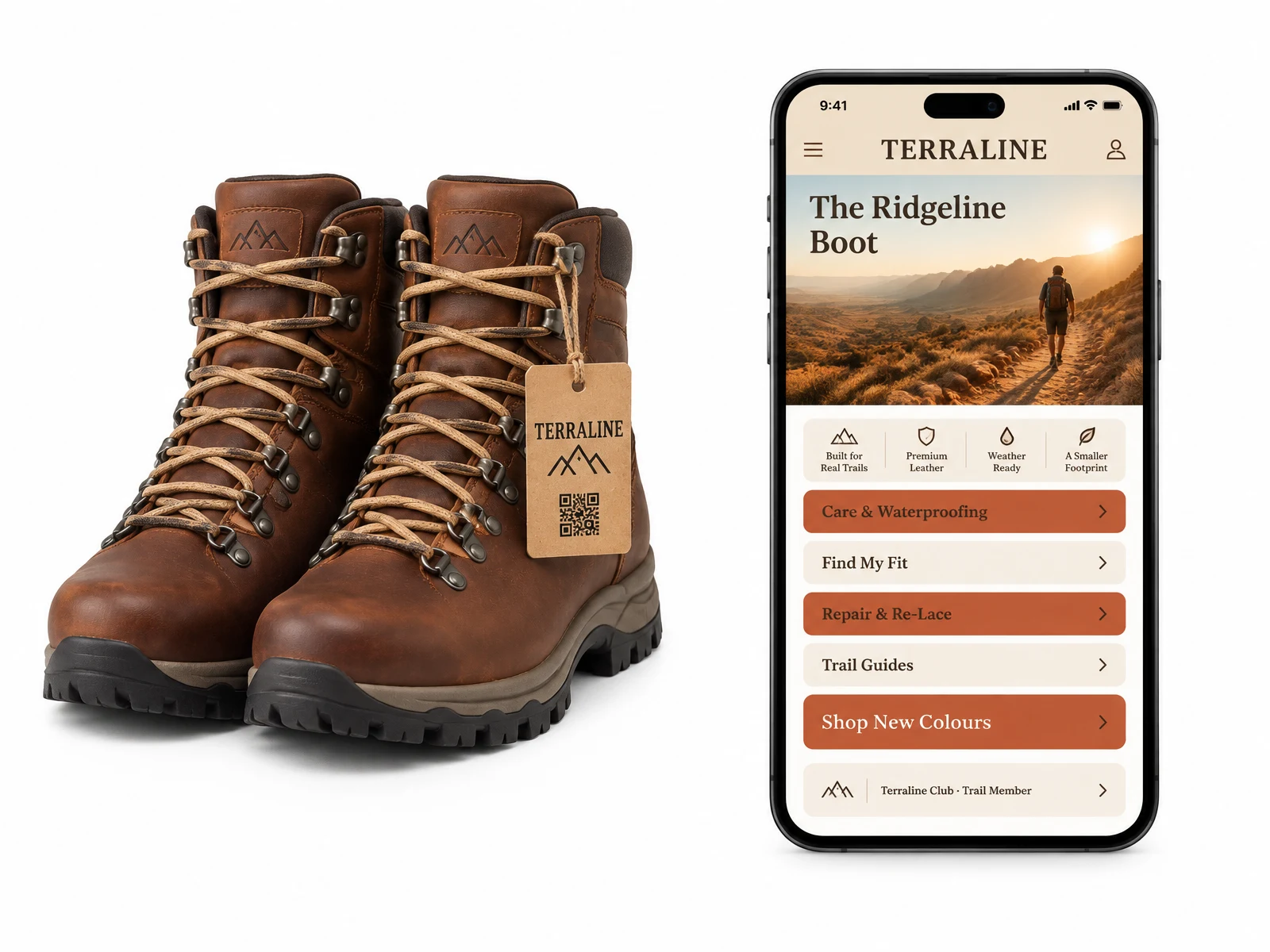 Brown leather Terraline hiking boots with a branded kraft swing tag beside a warm cream and terracotta portal titled The Ridgeline Boot with care, fit, repair, trail guides and shop buttons, the full phone visible top to bottom