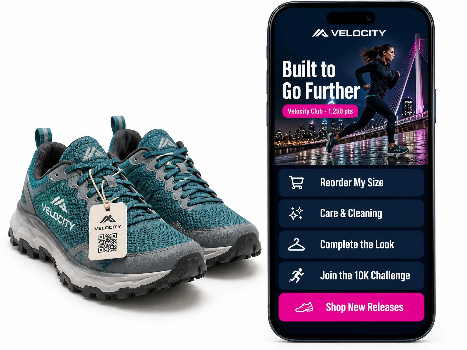 Teal Velocity trail trainers with a small QR swing tag beside a midnight-navy and magenta portal titled Built to Go Further, with Velocity Club points, Reorder My Size, Care & Cleaning, Complete the Look, Join the 10K Challenge and Shop New Releases