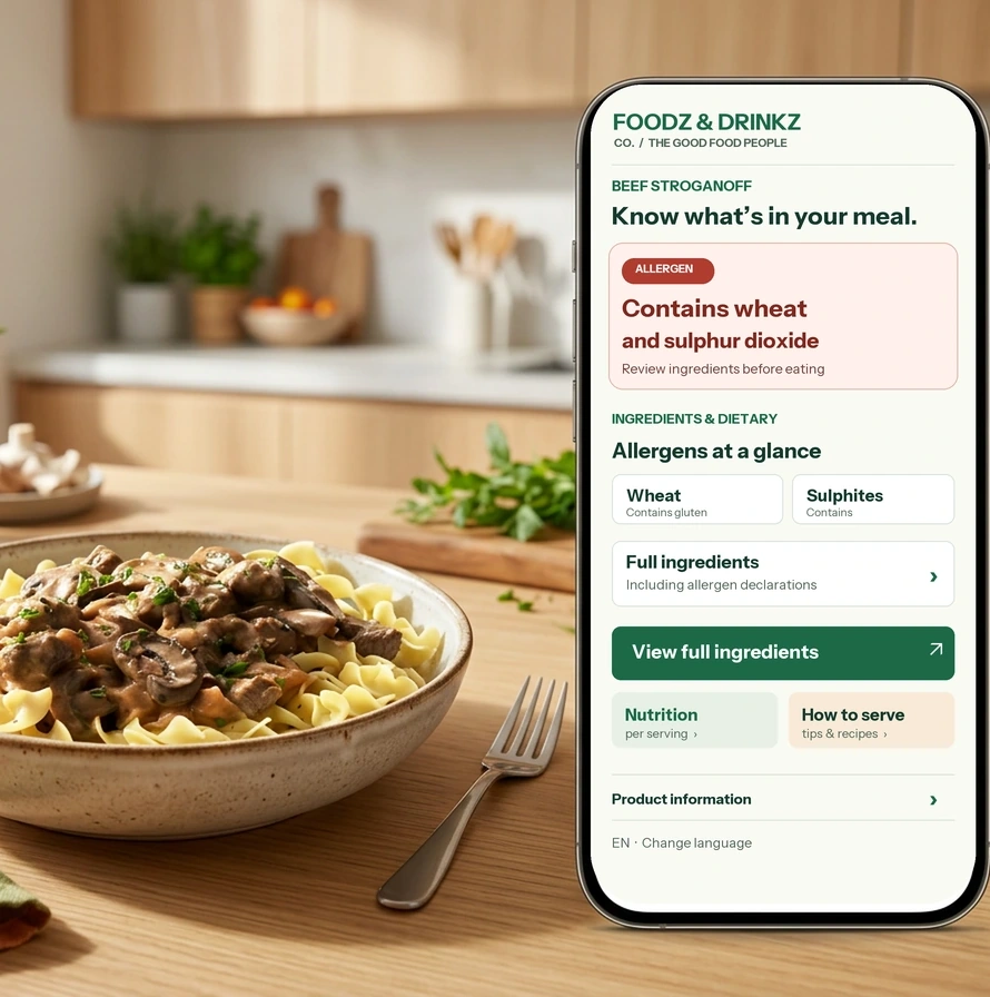Foodz & Drinkz beef stroganoff beside a branded phone page highlighting wheat and sulphur dioxide allergens, full ingredients and nutrition