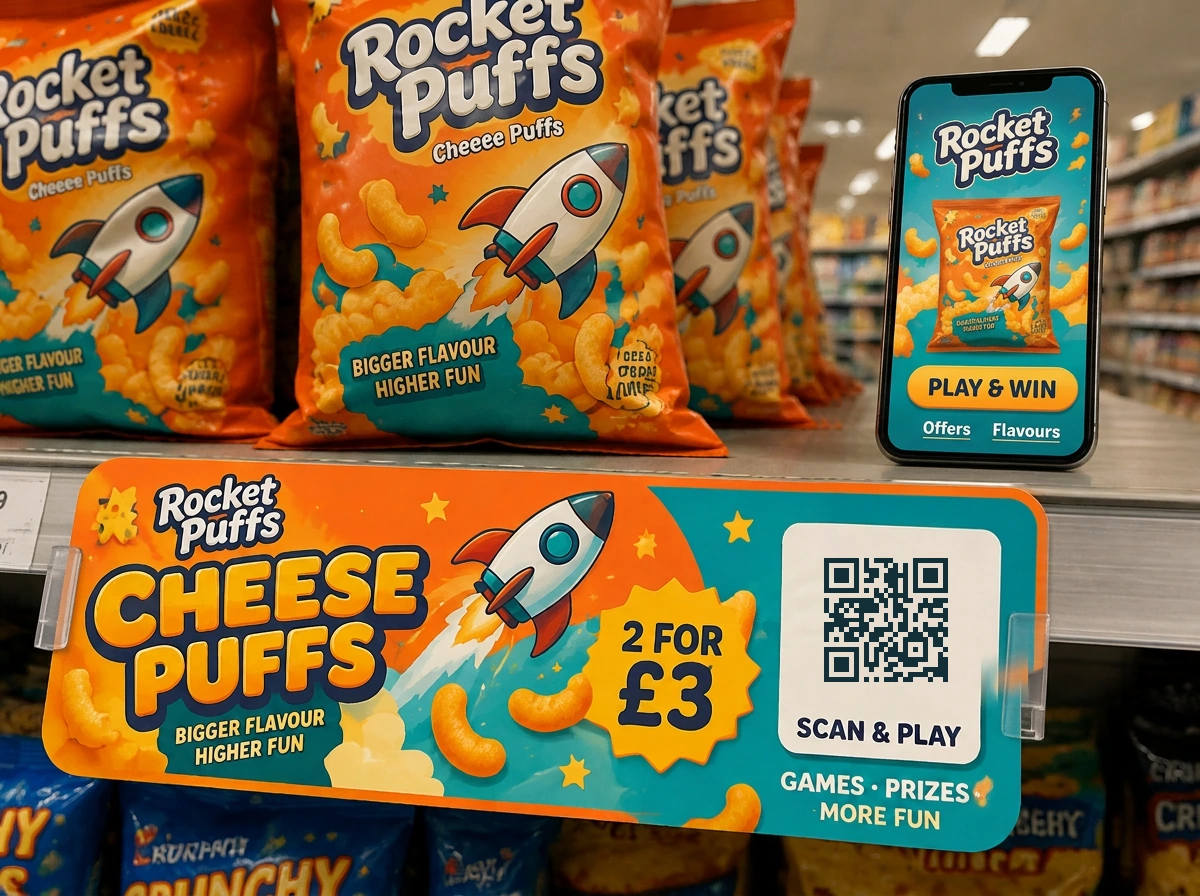 Rocket Puffs promotional shelf tag with a printed QR code beside a phone showing the matching Play & Win portal
