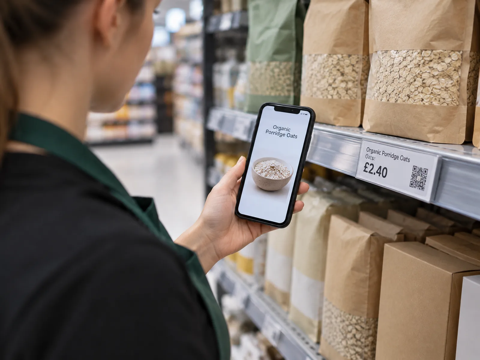 A shop-floor colleague in a dark apron holding a phone to a shelf-edge label printed with the product name, price and QR code