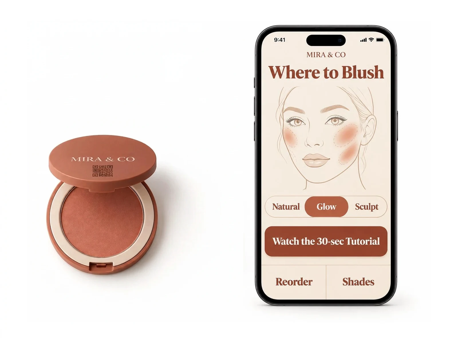 Mira & Co terracotta blusher compact with a small QR printed on the lid beside a phone portal showing where to place blush, look options and a tutorial button