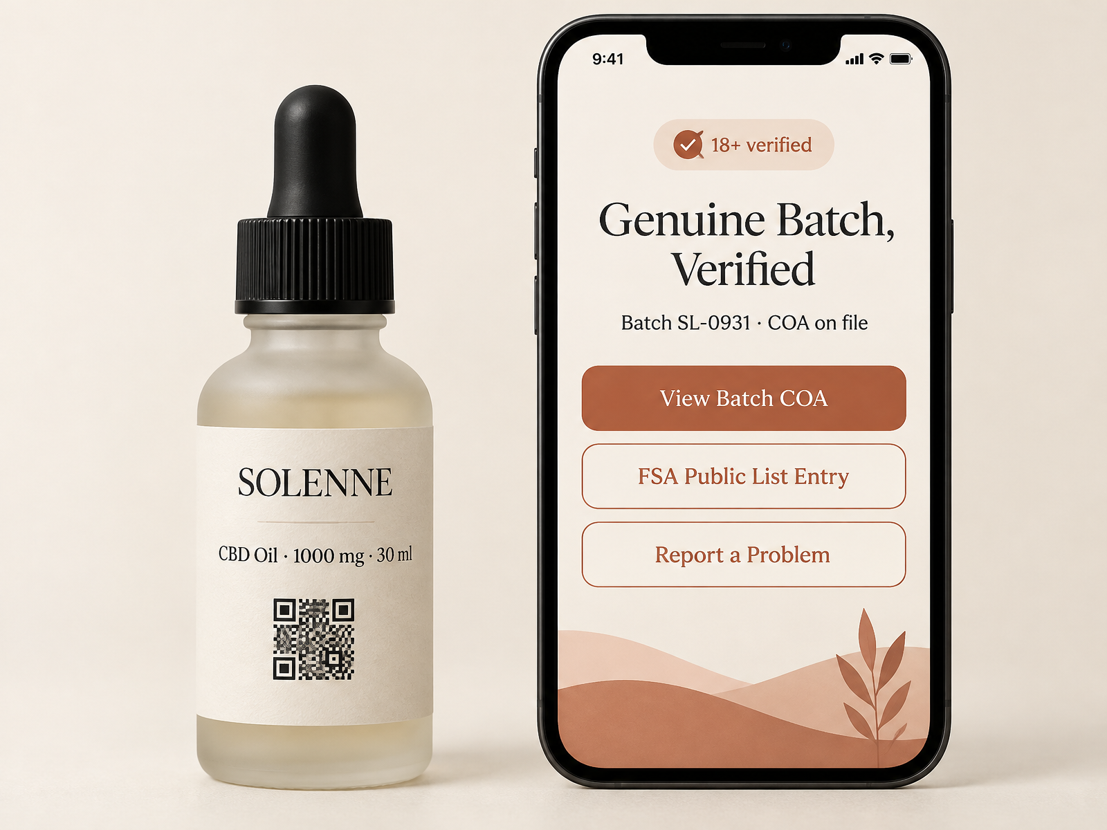 SOLENNE CBD oil dropper bottle with a QR printed on its label beside a phone confirming the batch is genuine, with batch COA, FSA Public List entry and report buttons