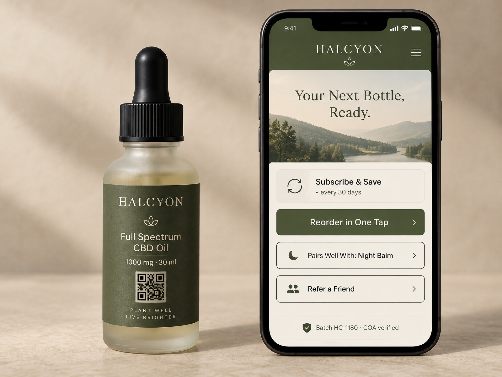 Halcyon full spectrum CBD oil bottle with a QR printed on its label beside an olive reorder and subscribe portal