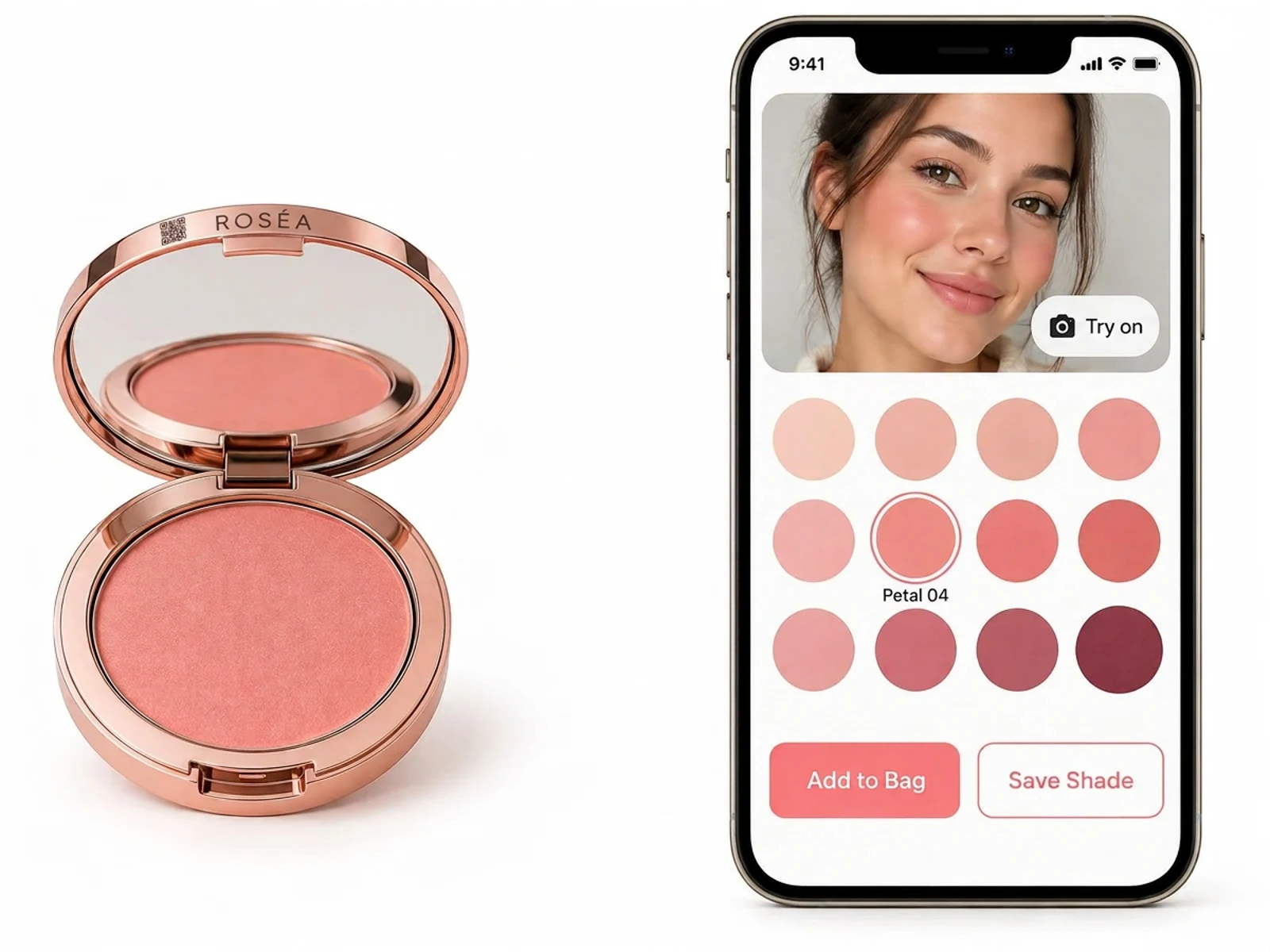 Roséa rose-gold blusher compact with a small QR printed on its lid beside a phone shade picker with a try-on selfie, twelve shade circles and Add to Bag and Save Shade buttons