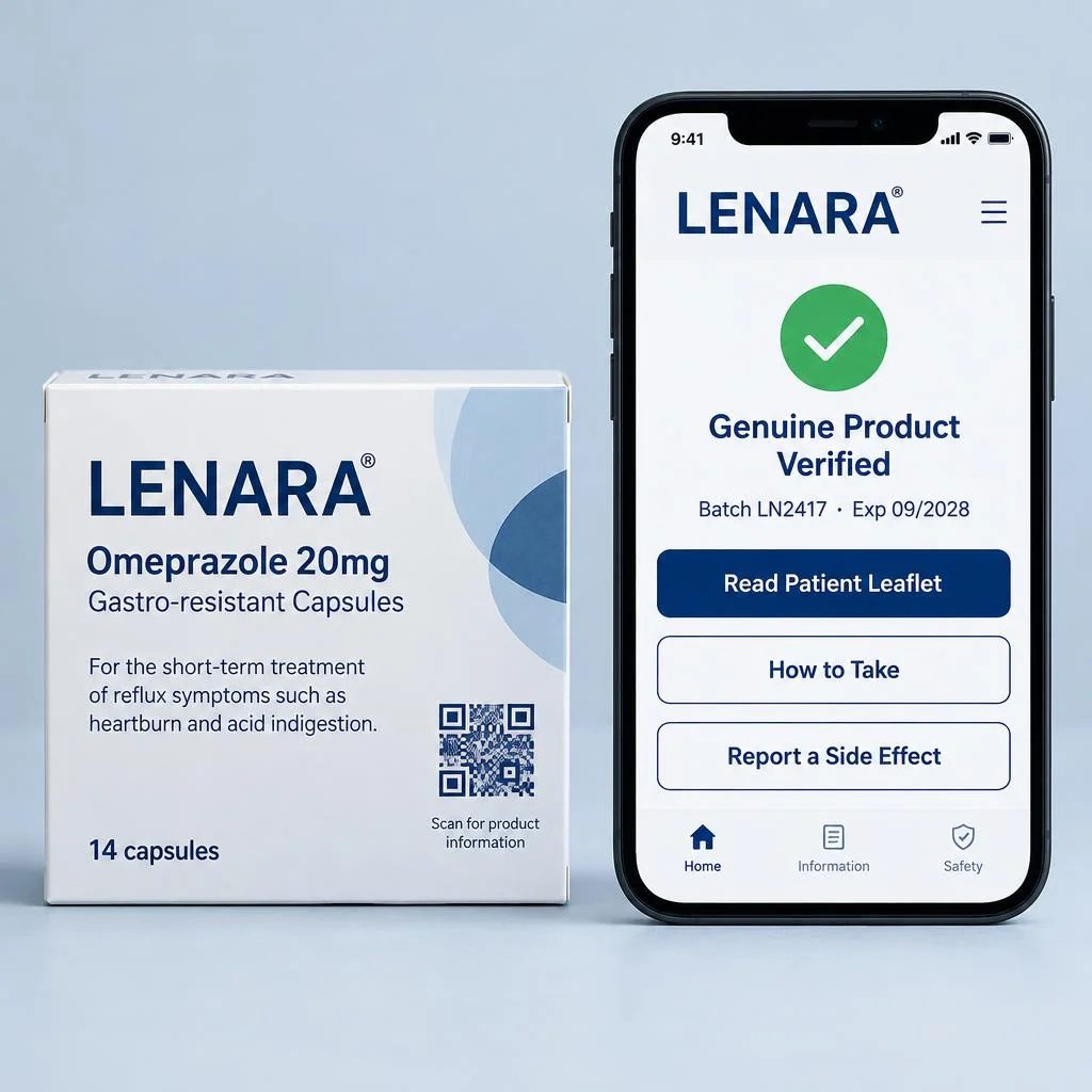 LENARA omeprazole carton with a QR printed on the pack beside a phone confirming the product is genuine, with patient leaflet, how to take and side effect reporting buttons