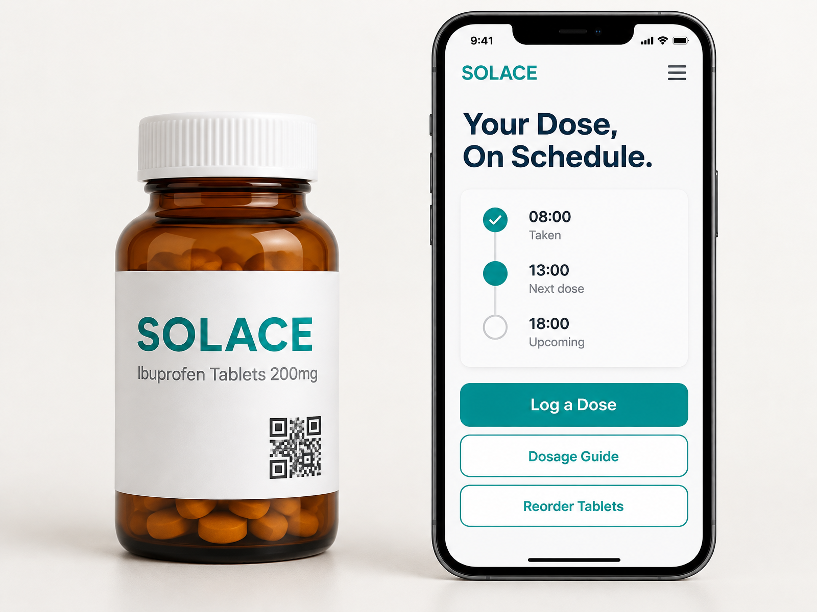 Solace ibuprofen tablets bottle with a QR printed on its label beside a clean white and teal pharmacy phone portal with a dose schedule timeline, a large Log a Dose button, Dosage Guide and Reorder Tablets actions