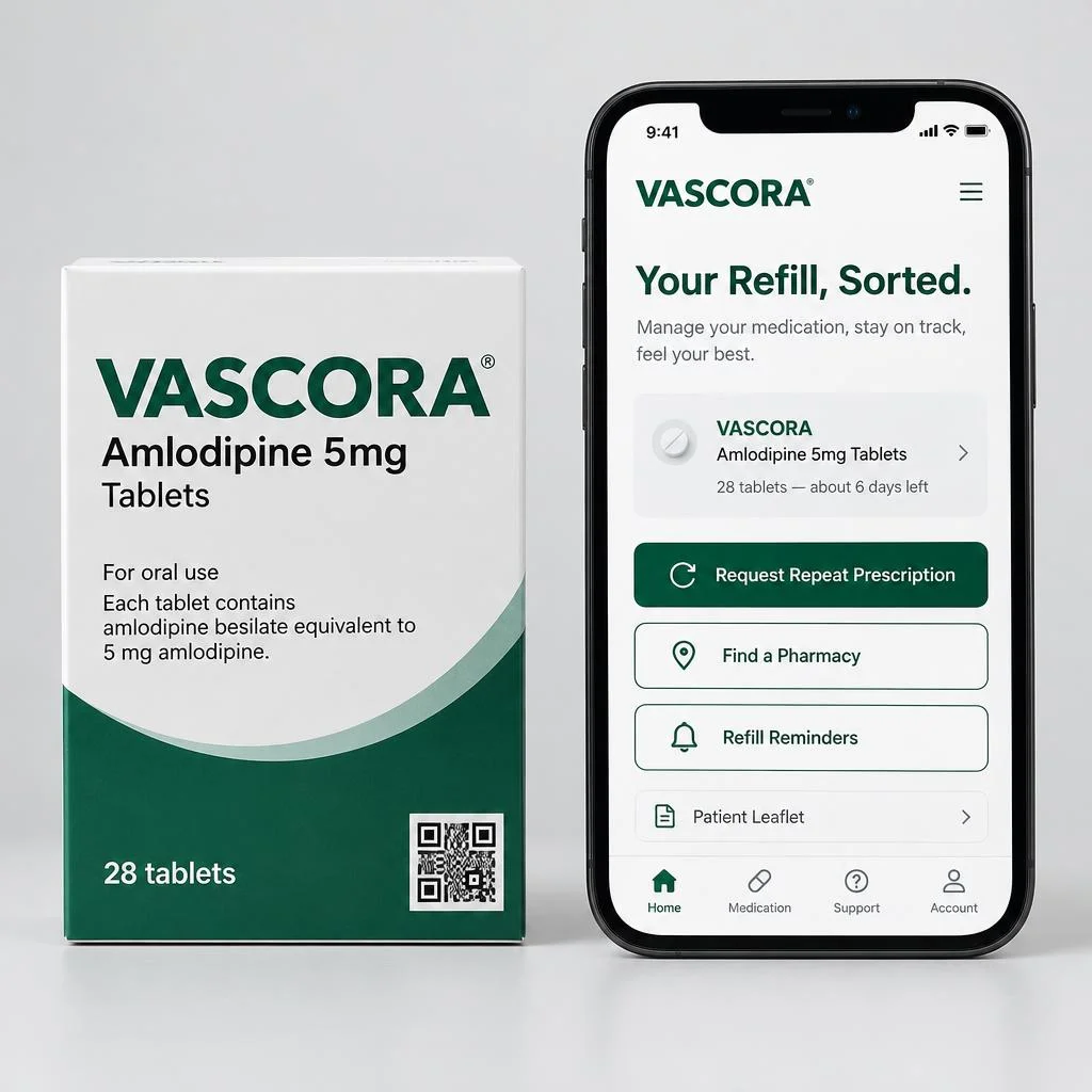VASCORA amlodipine carton with a QR printed on the pack beside a phone showing a repeat prescription and pharmacy finder portal