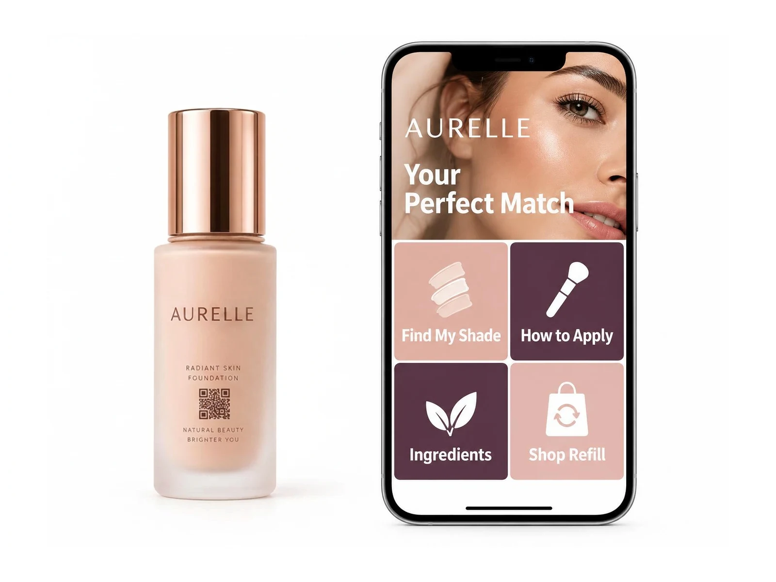 Aurelle foundation with a QR printed on the bottle beside its shade, application, ingredients and refill portal