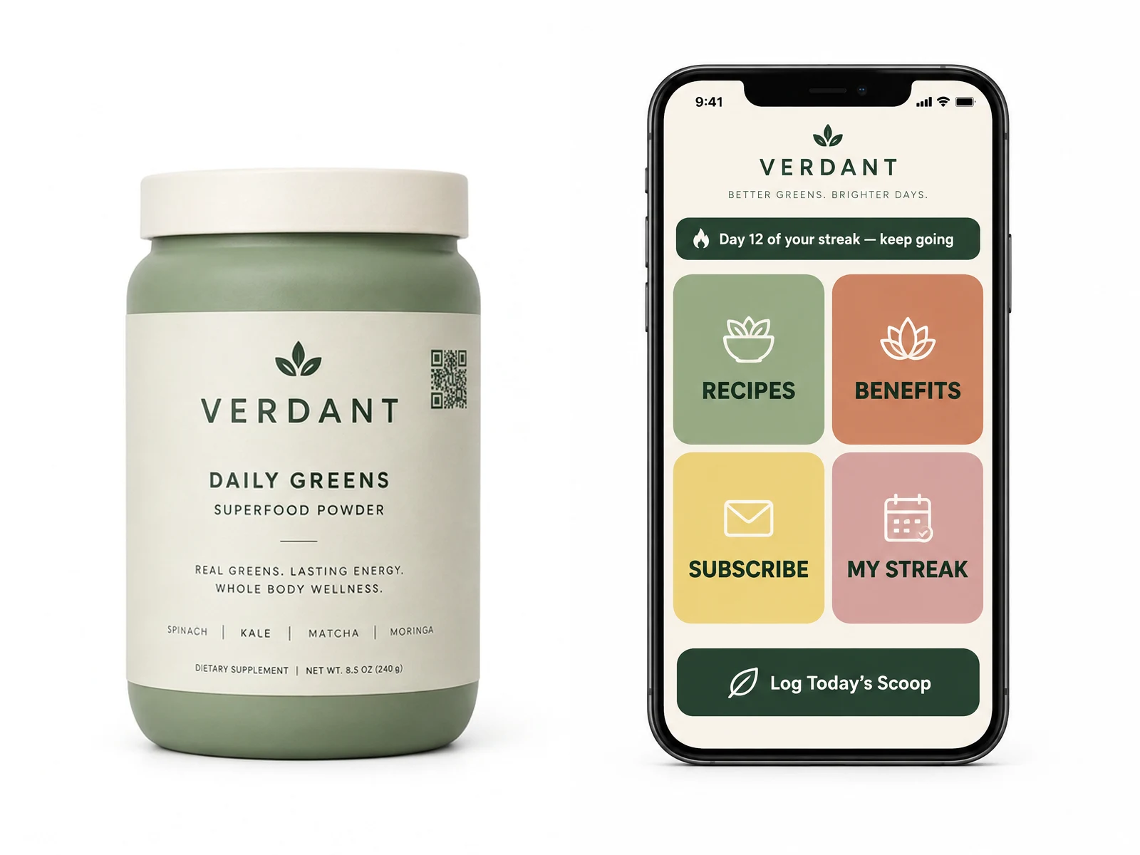 Verdant Daily Greens powder jar with a small QR printed on the label beside its streak, recipes, subscribe and log portal