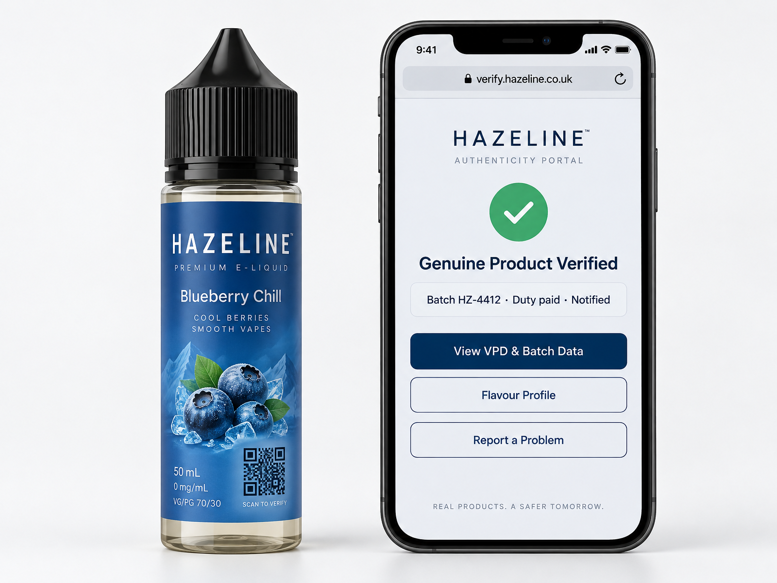 HAZELINE Blueberry Chill e-liquid bottle with a QR printed on its label beside a phone confirming the product is genuine, with VPD and batch data, flavour profile and report buttons