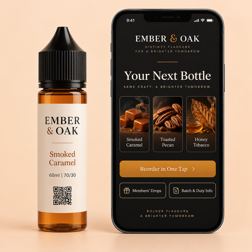 Ember & Oak Smoked Caramel e-liquid bottle with a QR printed on its label beside a charcoal and amber reorder portal