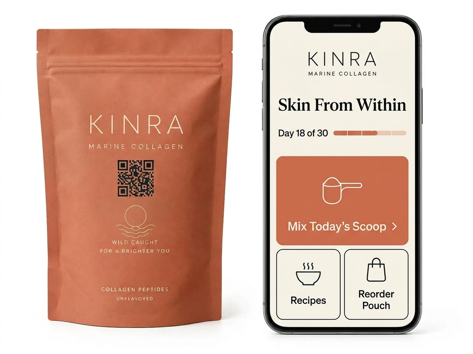 Kinra marine collagen pouch with a QR printed on the packaging beside a cream and terracotta daily-routine phone portal with Day 18 of 30 progress, Mix Today’s Scoop, Recipes and Reorder Pouch tiles