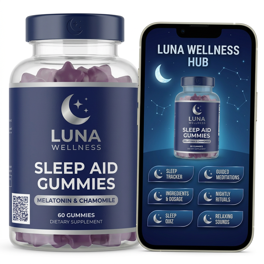 Luna Wellness sleep aid gummies jar with a QR printed on its label beside a phone showing the Luna Wellness Hub with sleep tracker, guided meditations and relaxing sounds