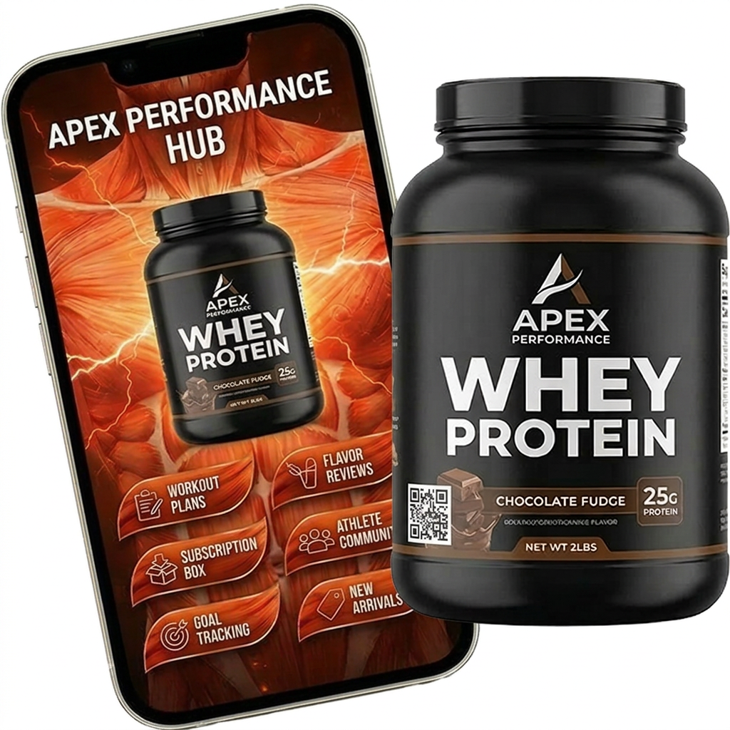 Apex Performance whey protein tub with a QR printed on its label beside a phone showing the Apex Performance Hub with workout plans, subscription box and goal tracking