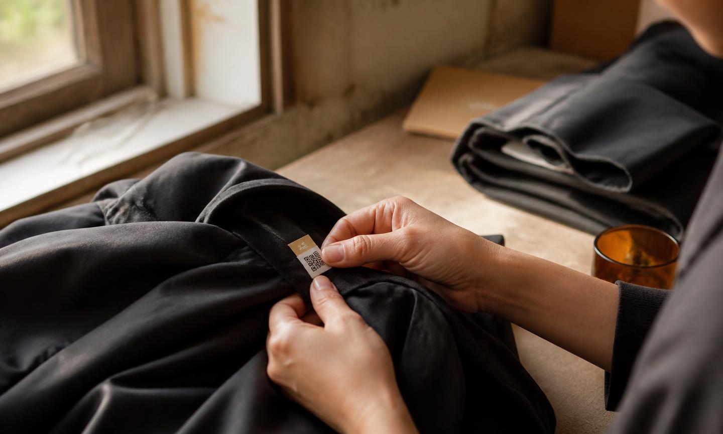 A worker attaching a woven label carrying an RFID tag and printed QR code to a folded garment at a finishing bench