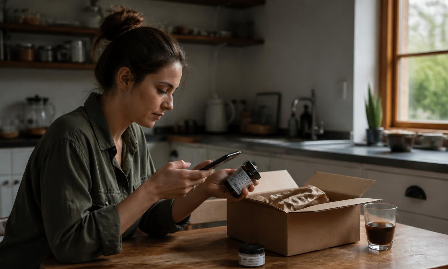 A customer at a kitchen table unboxing a product and scanning its label with a smartphone