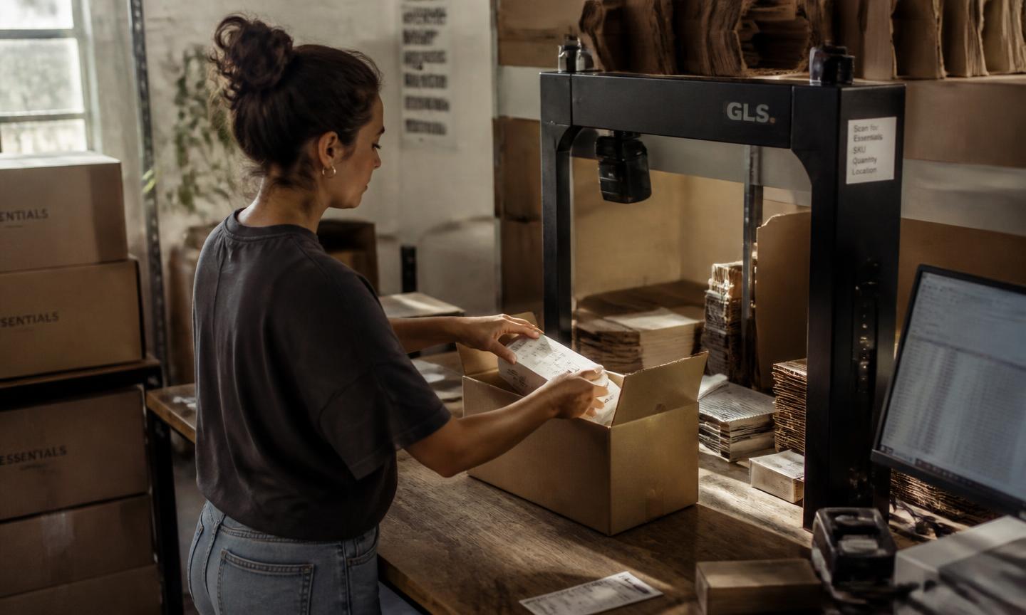 A worker at a packing bench placing a labelled product into a cardboard shipping box beneath a scanner arch