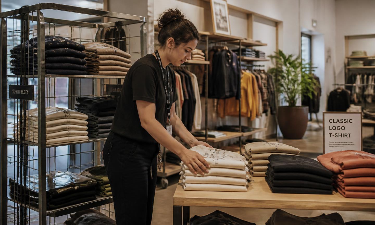 A shop assistant moving folded garments from a stockroom trolley onto a display table on the shop floor