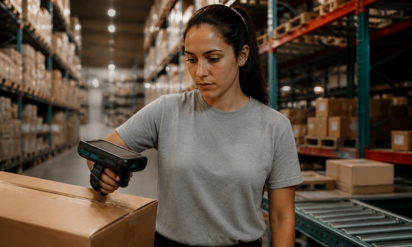 A warehouse worker scanning a cardboard carton with a handheld reader in front of racking full of stock