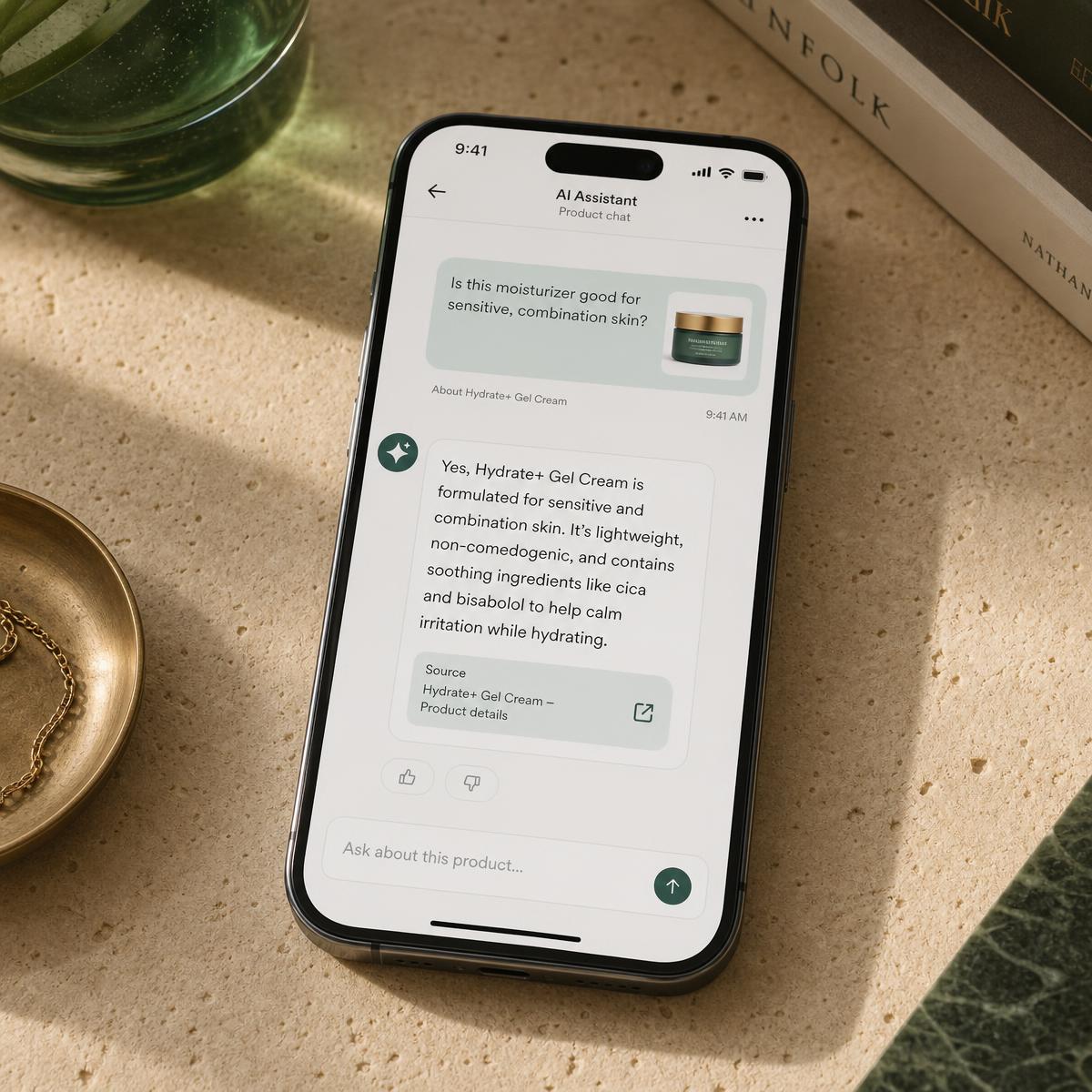 Smartphone showing a per-product AI chat assistant answering with a citation