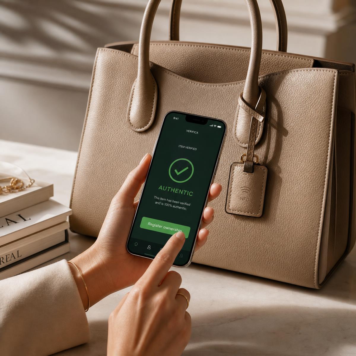 A phone tapping an NFC hangtag on a luxury handbag showing an Authentic verification screen