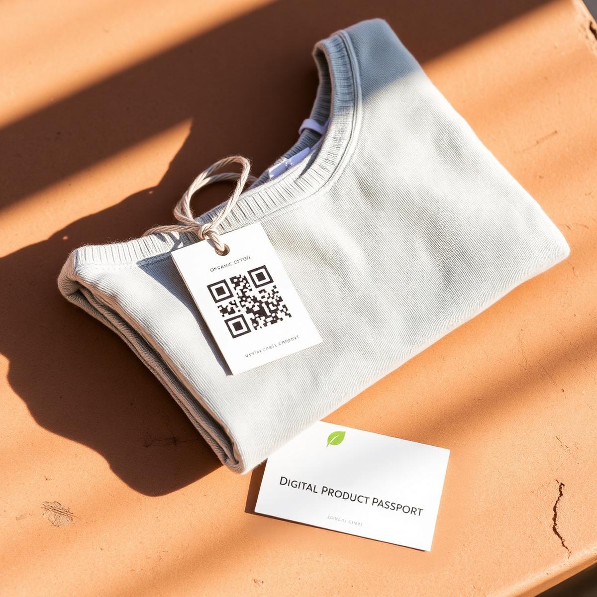 Folded organic cotton garment with a woven QR hangtag next to a Digital Product Passport card
