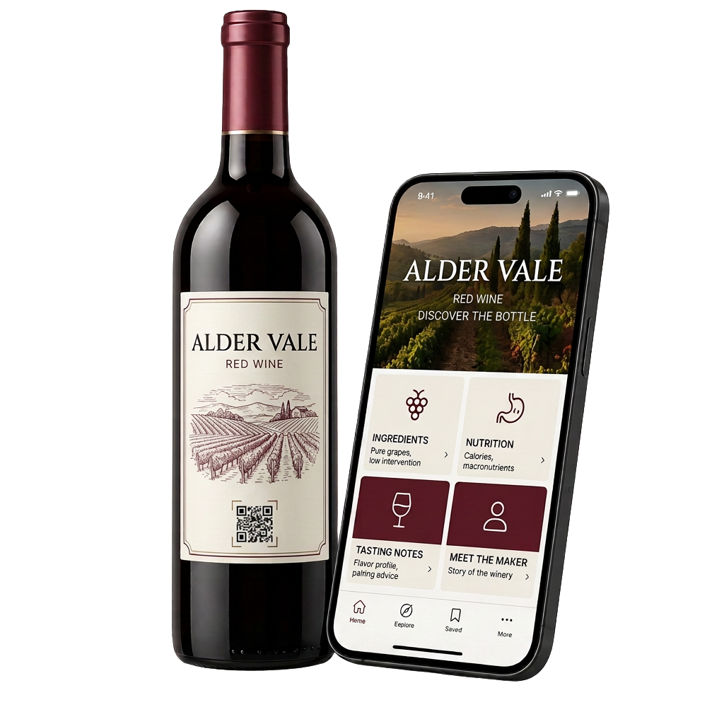 Illustrative Alder Vale red wine bottle with an illustrated vineyard label and QR code, beside a four-action mobile wine portal