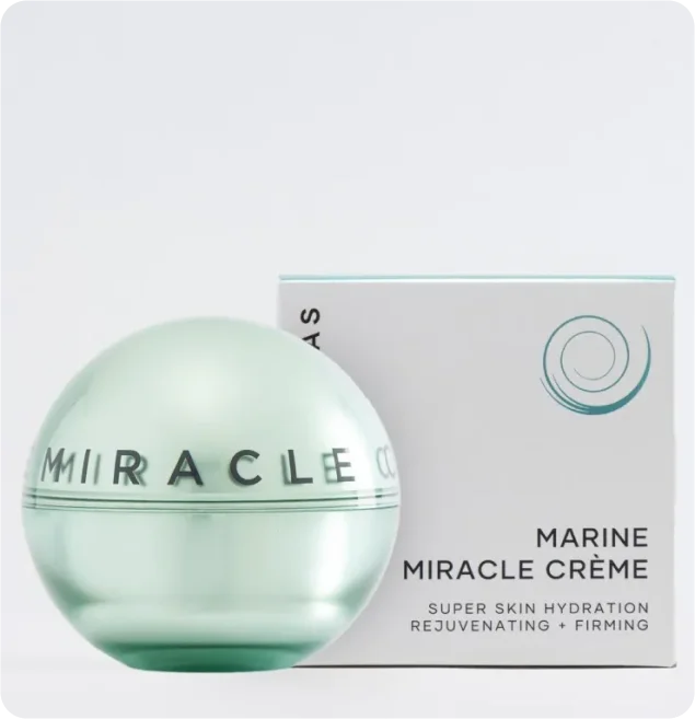 Transformulas Marine Miracle Crème jar — premium skincare connected to a SmartLinks digital product page via on-pack QR code
